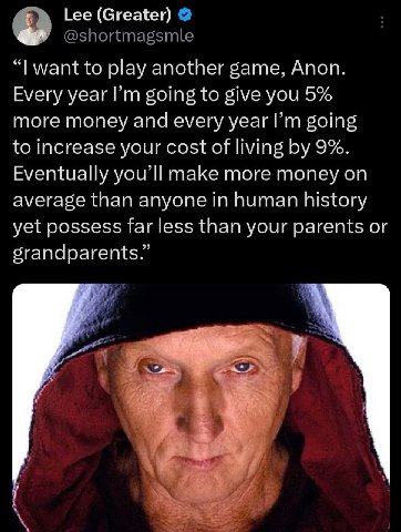 Lee (Greater) @shortmagsmle want to play another game, Anon. Every year going to give you 5% more money and every year going to increase your cost of living 9%. Eventually you’ll make more money on av