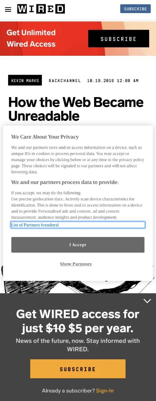 Get Unlimited SUBSCRIBE Wired Access KEVIN MARKS BACKCHANNEL 18.19.2816 12:68 We Care About Your Privacy We and our partners store and/or access information on a device, such as unique IDs in cookies 