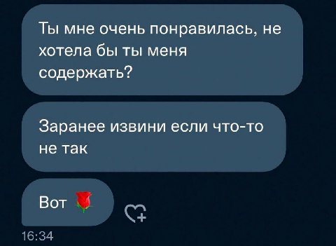 Ты мне очень понравилась, не хотела бы ты меня содержать? Заранее извини если что-то не так Вот