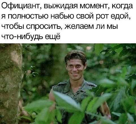 Официант, выжидая момент, когда я полностью набью свой рот едой, чтобы спросить, желаем ли мы что-нибудь ещё