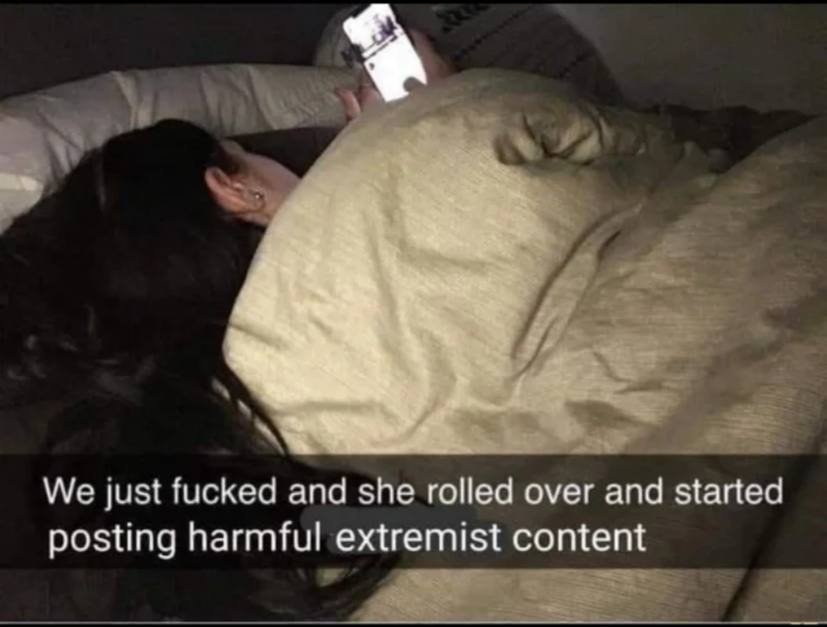 We just fucked and she rolled over and started posting harmful extremist content