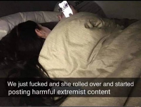 We just fucked and she rolled over and started posting harmful extremist content
