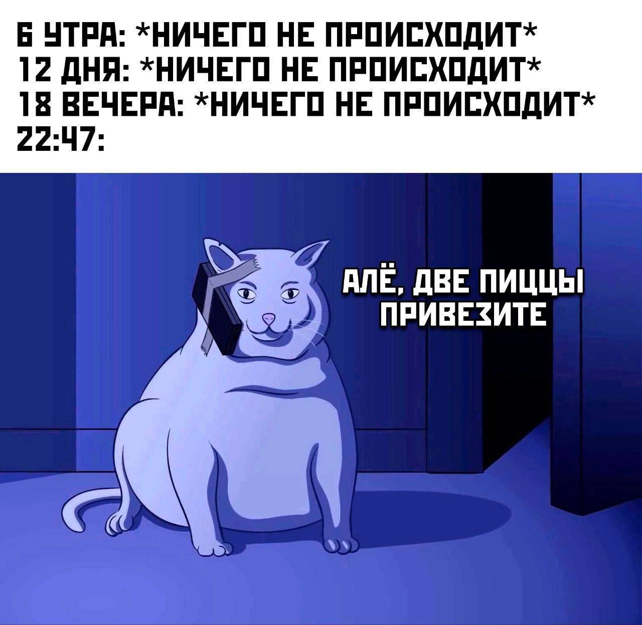 Б УТРА: *НИЧЕГО НЕ ПРОИСХОДИТ* 12 ДНЯ: *НИЧЕГО НЕ ПРОИСХОДИТ* 18 ВЕЧЕРА: *НИЧЕГО НЕ ПРОИСХОДИТ* ANE, ДВЕ ПИЦЦЫ ПРИВЕЗИТЕ