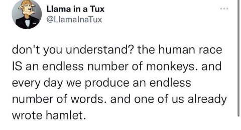 Ната a Tux @Llamalnatux don't you understand? the human race IS an endless number of monkeys. and every day we produce an endless number of words. and one of already wrote hamlet.