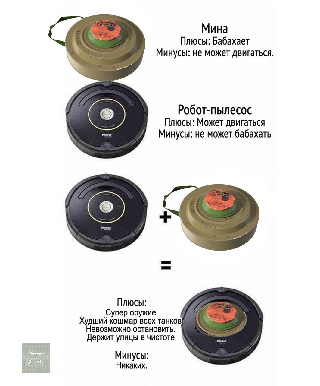 Мина Плюсы: Бабахает Минусы: не может двигаться. Робот-пылесос Плюсы: Может двигаться Минусы: He может бабахать Плюсы: Супер оружие Худший кошмар всех танков Невозможно остановить. Держит улицы в чист