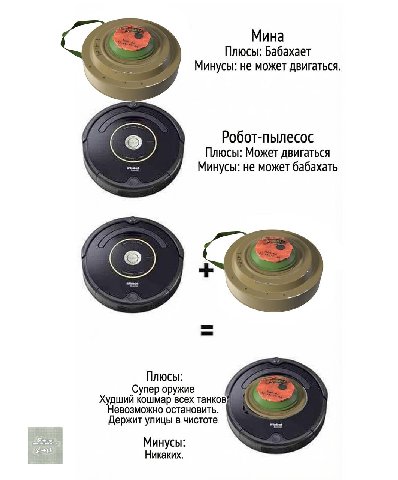 Мина Плюсы: Бабахает Минусы: не может двигаться. Робот-пылесос Плюсы: Может двигаться Минусы: He может бабахать Плюсы: Супер оружие Худший кошмар всех танков Невозможно остановить. Держит улицы в чист