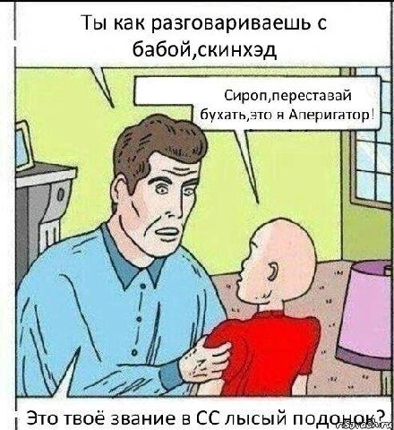 Ты как разговариваешь с бабой,скинхэд я Аперигатор! a Это твоё звание в лысый