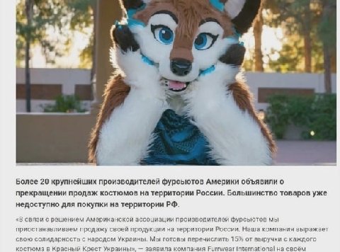 Более 20 крупнейших производителей фурсьютов Америки объявили о прекращении продаж костюмов на территории России. Большинство товаров уже недоступно для покупки на территории «В связи с решением Амери