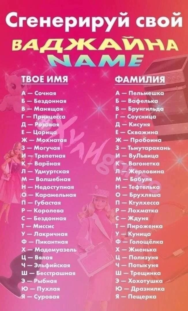Сгенерируй свой генериру TBOE UMA ФАМИЛИЯ А Сочная А Пельмешка Б Бездонная Б Вафелька В Манящая В Брунгильда Принцесса Соусница Розовая Кисуня Царица Скважина Ж Мохнатая Ж Пробоина 3 Могучая 3 Тьмутар