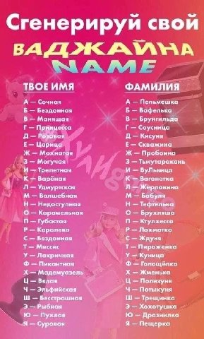 Сгенерируй свой генериру TBOE UMA ФАМИЛИЯ А Сочная А Пельмешка Б Бездонная Б Вафелька В Манящая В Брунгильда Принцесса Соусница Розовая Кисуня Царица Скважина Ж Мохнатая Ж Пробоина 3 Могучая 3 Тьмутар