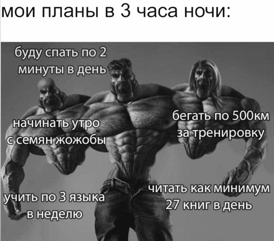мои планы в 3 часа ночи: буду спать по 2 минуты в день бегать по 500KmM начинать утро за тренировку с семян жожобы читать как минимум учить по 3 языка 27 книг в день в неделю