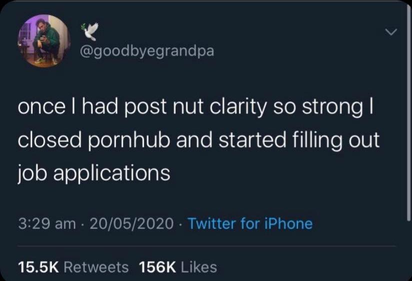 а @goodbyegrandpa once had post nut clarity so strong closed pornhub and started filling out job applications 3:29 20/05/2020 Twitter for iPhone Retweets Likes