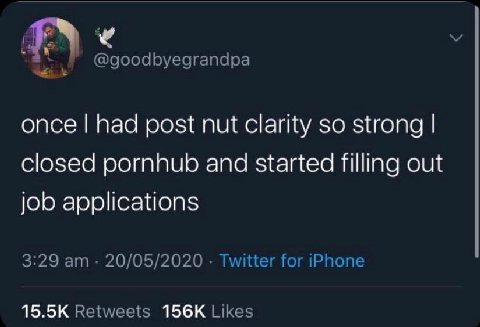 а @goodbyegrandpa once had post nut clarity so strong closed pornhub and started filling out job applications 3:29 20/05/2020 Twitter for iPhone Retweets Likes