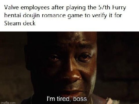 Valve employees after playing the Furry hentai doujin romance game to verify it for Steam deck tired, boss.