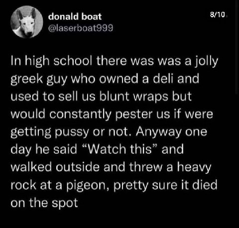 donald boat 8/10 @laserboat999 In high school there was was а jolly greek guy who owned a deli and used to sell blunt wraps but would constantly pester if were getting pussy or not. Anyway one day he 