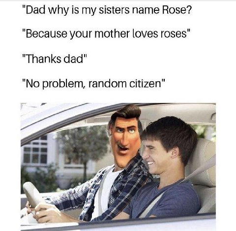 "Dad why is my sisters name Rose? "Because your mother loves roses" "Thanks dad" и problem, random citizen