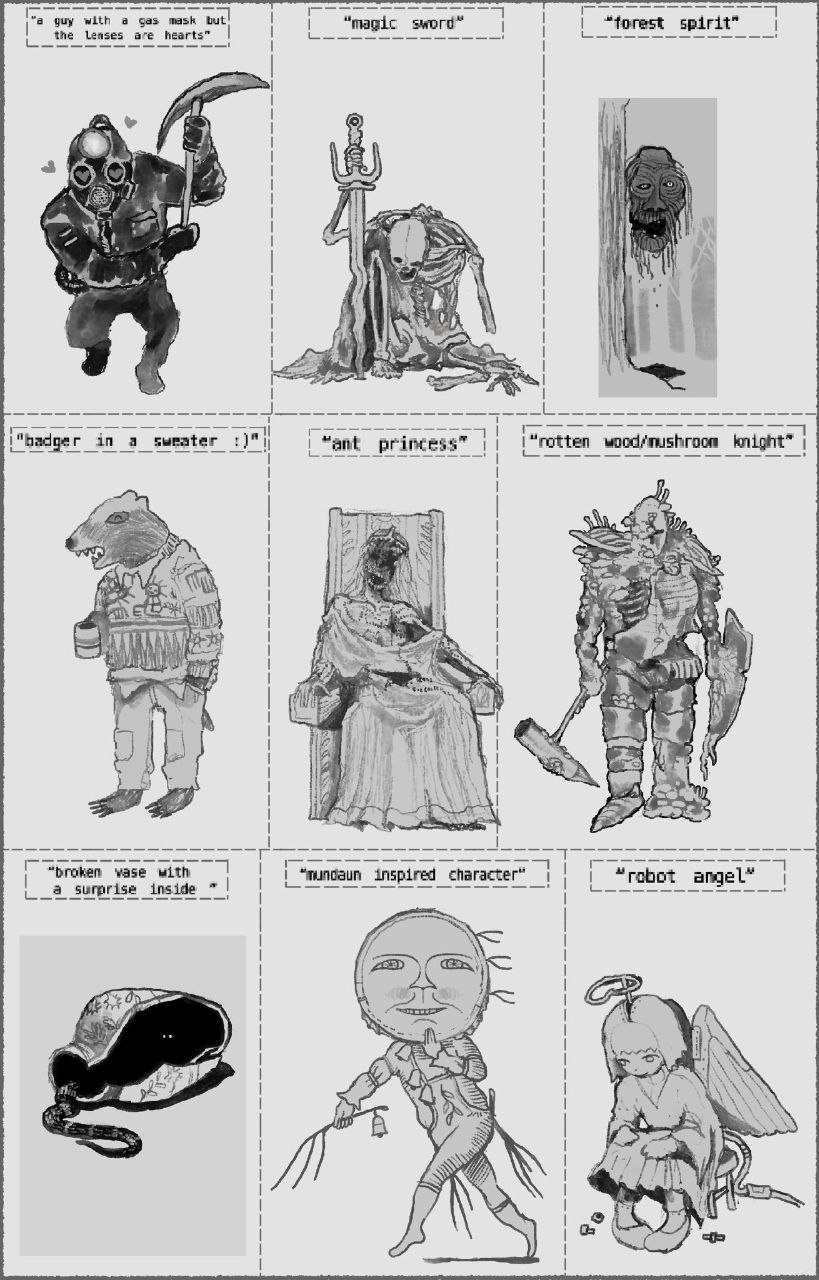“a guy with а gas mask but! magic sword” “forest spirit” the Leases are hearts” 2$ 7 2% A 3 a4 knight” in а sweater “ant printess™ и |2 “broken wase with inspired а surprise inside angel” Or ans WANS 