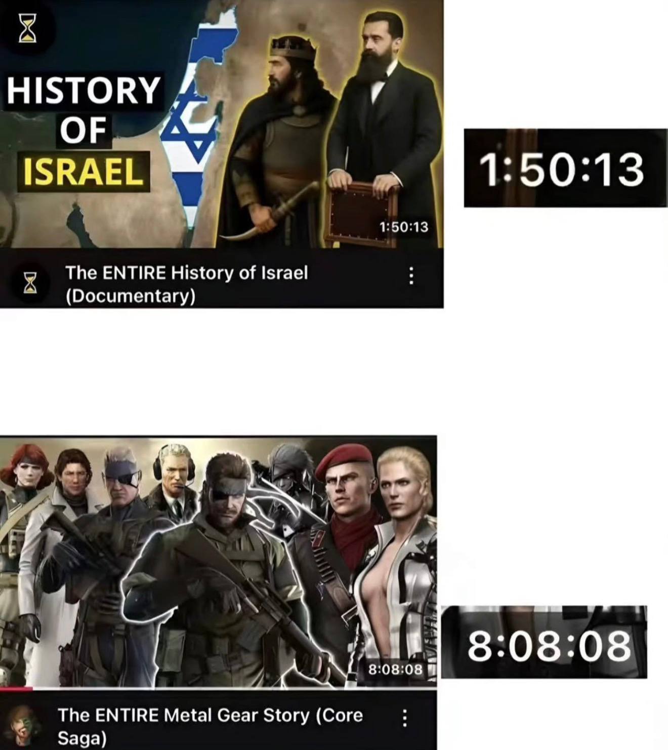 HISTORY a 4 с. ISRAEL 1:50:13 1:50:13 The ENTIRE History of Israel (Documentary) 8:08:08 The ENTIRE Metal Gear Story (Core Saga)