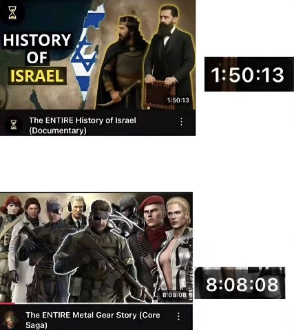 HISTORY a 4 с. ISRAEL 1:50:13 1:50:13 The ENTIRE History of Israel (Documentary) 8:08:08 The ENTIRE Metal Gear Story (Core Saga)