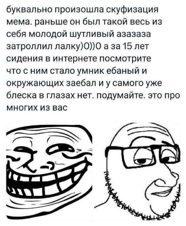 буквально произошла скуфизация мема. раньше он был такой весь из себя молодой шутливый азазаза затроллил лалку)0))0 а за 15 лет сидения в интернете посмотрите что с ним стало умник ебаный и окружающих