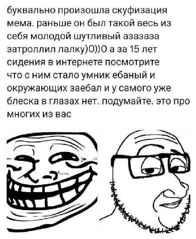 буквально произошла скуфизация мема. раньше он был такой весь из себя молодой шутливый азазаза затроллил лалку)0))0 а за 15 лет сидения в интернете посмотрите что с ним стало умник ебаный и окружающих