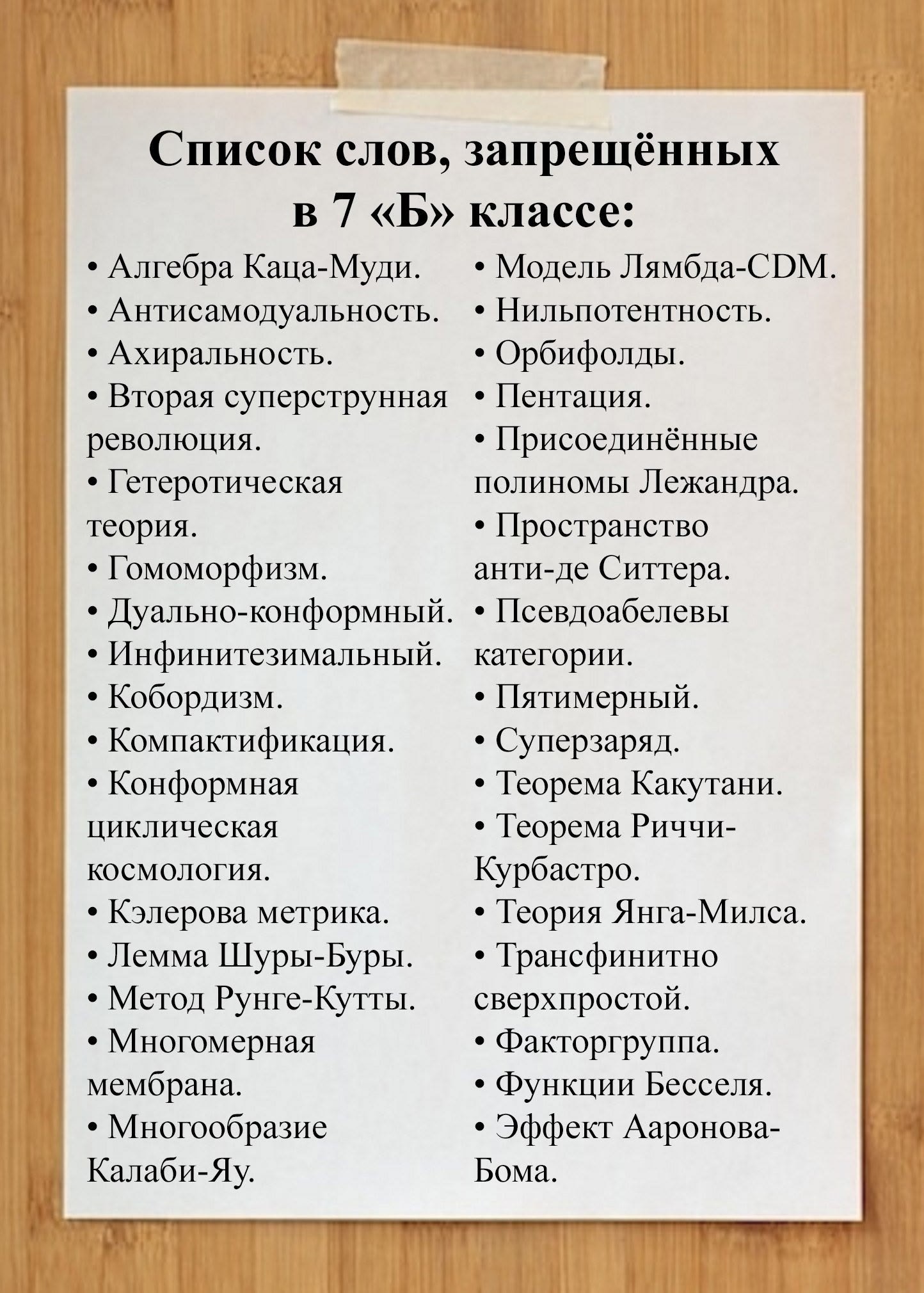 Список слов, запрещённых в 7 классе: Алгебра Каца-Муди. Модель Лямбда-СоМ. Антисамодуальность. Нильпотентность. Ахиральность. Орбифолды. Вторая суперструнная Пентация. революция. Присоединённые Гетеро