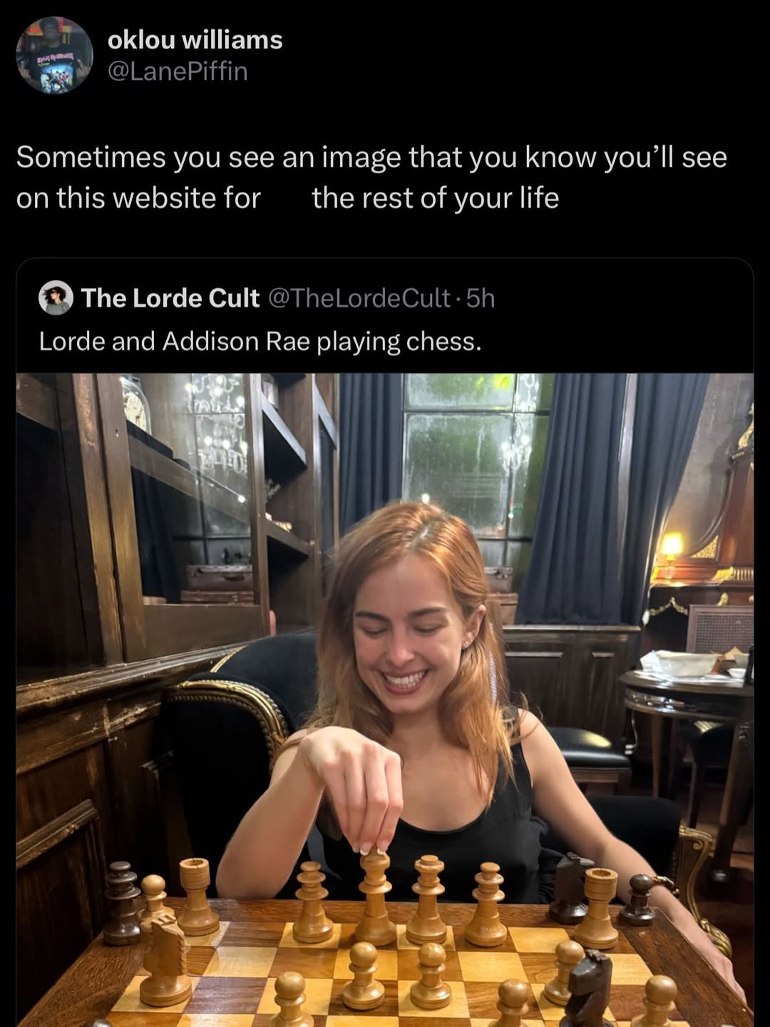 oklou williams Sometimes you see an image that you know you’ll see on this website for the rest of your life The Lorde Cult Lorde and Addison Rae playing chess. 1 4 4
