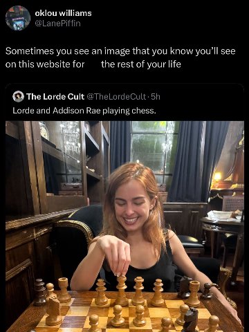 oklou williams Sometimes you see an image that you know you’ll see on this website for the rest of your life The Lorde Cult Lorde and Addison Rae playing chess. 1 4 4
