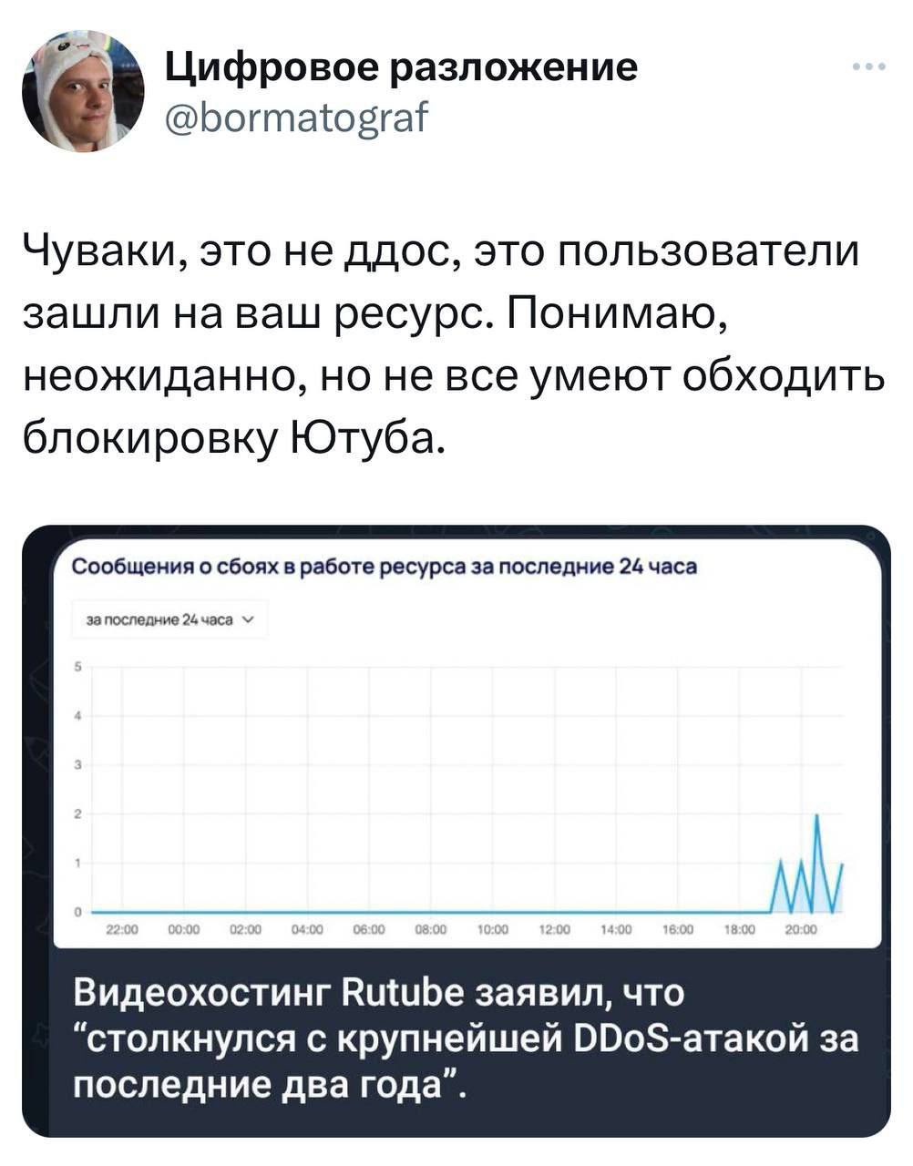 Цифровое разложение @bormatograf Чуваки, это не ддос, это пользователи зашли на ваш ресурс. Понимаю, неожиданно, но не все умеют обходить блокировку Ютуба. Сообщения о сбоях в работе ресурса за послед