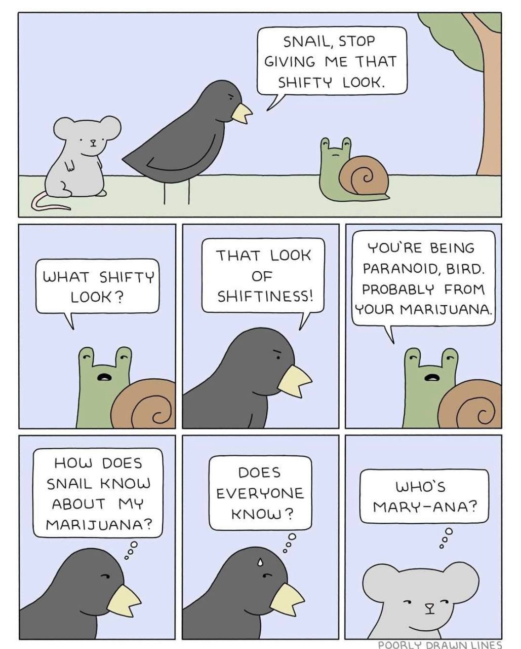 SNAIL, STOP GIVING ME THAT SHIFTY LOOK. YOU'RE BEING THAT LOOK PARANOID, BIRD. WHAT SHIFTY OF LOOK SHIFTINESS! PROBABLY FROM YOUR MARIJUANA. HOLS DOES DOES SNAIL KNOW EVERYONE ABOUT MY MARIJUANA? KNOW