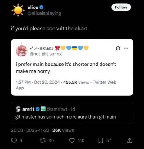 if you'd please consult the chart 5 i prefer тат because it's shorter and doesn't make me horny 1:57 Oct 20, 2024 Twitter Web amrit git master has so much more aura than git main