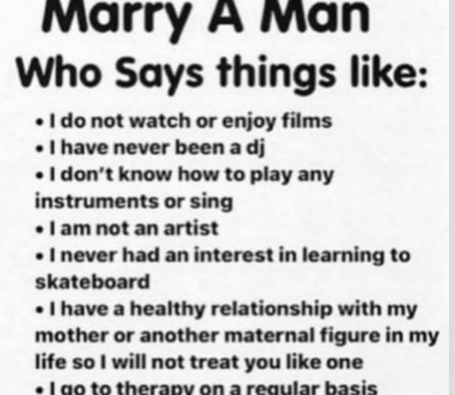Marry Aman Who Says things like: not watch or enjoy films have never been a don’t know how to play any instruments or sing artist had an interest in learning to skateboard have a healthy relationship 