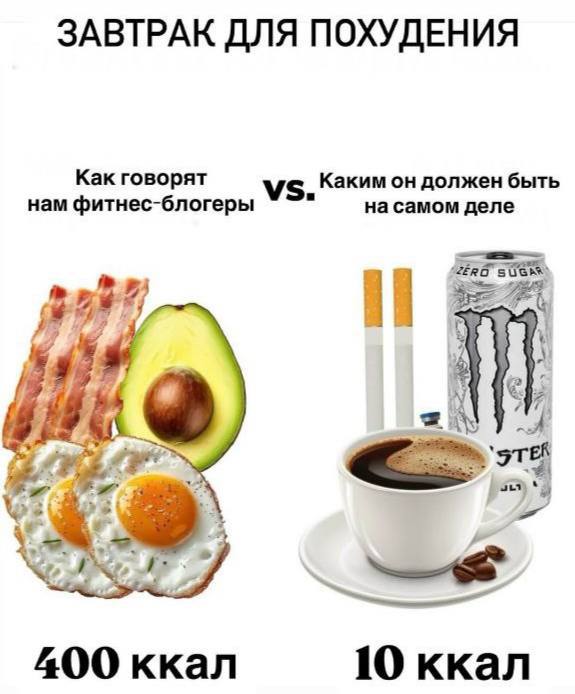ЗАВТРАК ДЛЯ ПОХУДЕНИЯ Как говорят нам фитнес-блогеры Каким должен быть на самом деле 7) 400 ккал 10 ккал