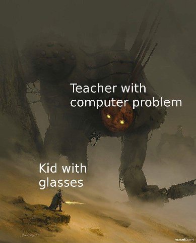 Teacher with computer problem Kid with glasses