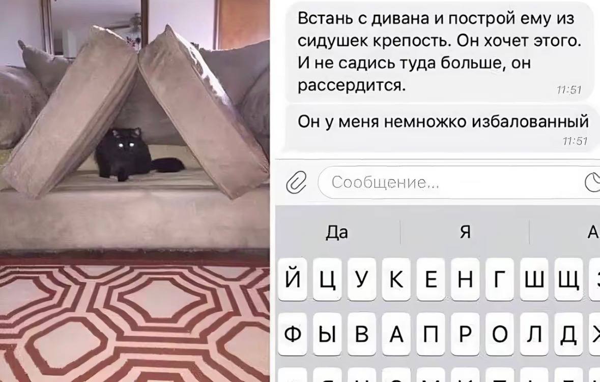 Встань с дивана и построй ему из сидушек крепость. Он хочет этого. И не садись туда больше, он рассердится. 11:51 Он уменя немножко избалованный 11:51 Сообщение... Да Я А <2