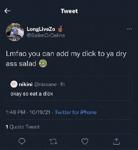 Tweet LongLiveZo @SalimOrCeline Lmfao you can add my dick to dry ass salad о nikini okay so eat a dick 1:48 10/19/21 Twitter for iPhone 1 Quote Tweet