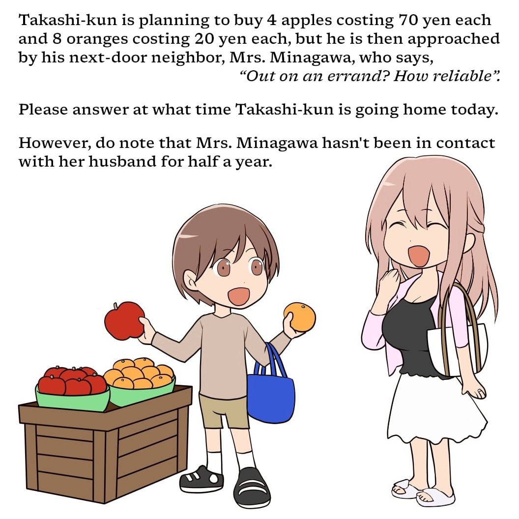 Takashi-kun is planning to buy 4 apples costing 70 yen each and 8 oranges costing 20 yen each, but he is then approached his next-door neighbor, Mrs. Minagawa, who says, “Out on an errand? How reliabl
