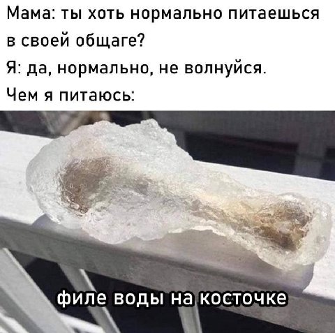 Мама: ты хоть нормально питаешься в своей общаге? Я: да, нормально, не волнуйся. Чем я питаюсь: филе воды KOCTOUKe