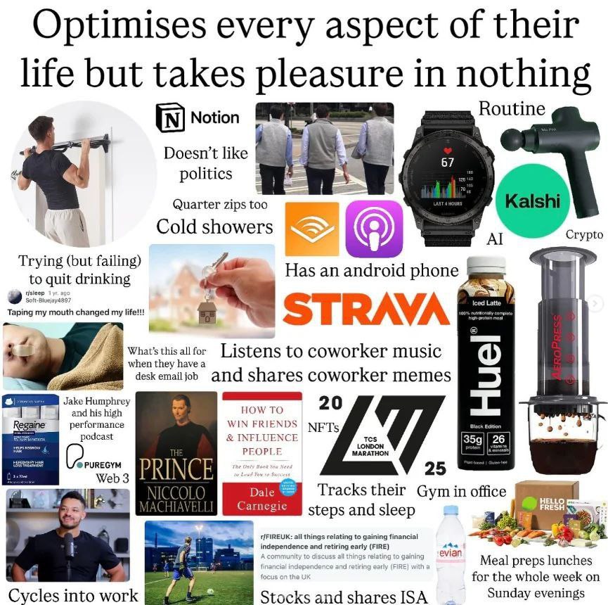 Optimises every aspect of their life but takes pleasure in nothing Routine Notion Doesn’t like politics Quarter zips too Cold showers Crypto Trying (but failing) to quit drinking Has an android phone 