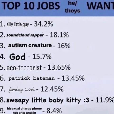 1. silly little guy 34.2% 2 soundcloud rapper 18. 1% 3. autism creature 16% A. God 15.7% 5. 13.65% 6. patrick bateman 13.45% 7. femboy 12.45% 8.sweepy little baby kitty :3 11.9% bisexual charge phone 