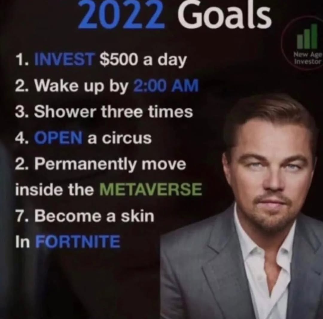 2022 Goals 1 $500 a day 2. Wake up 3. Shower three times 4 a circus 2. Permanently move inside the METAVERSE 7. Become a skin In