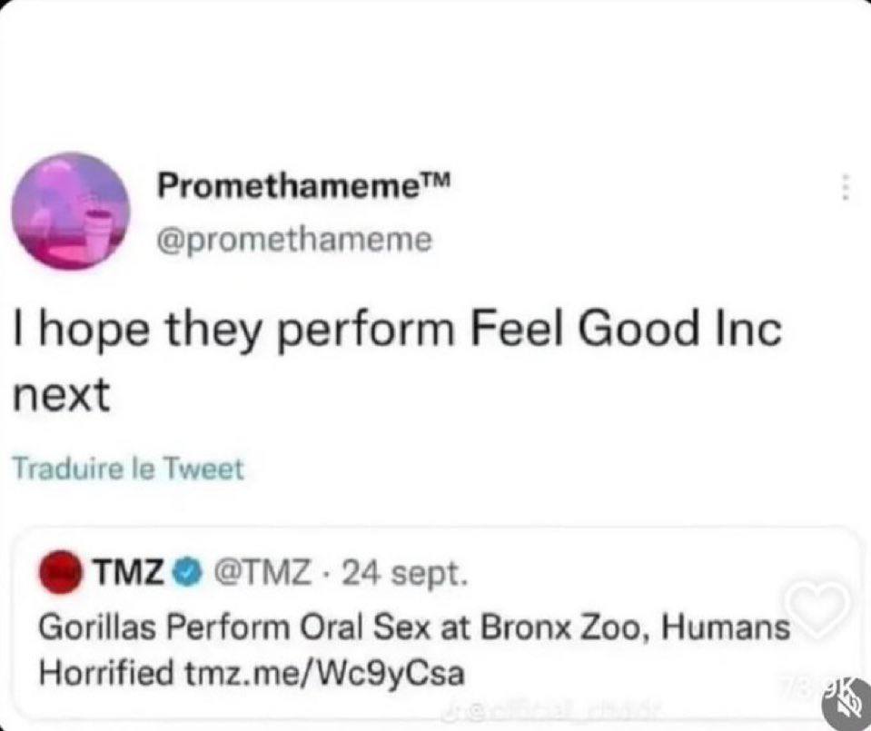 Promethameme™ 3 @promethameme hope they perform Feel Good Inc next Traduire Tweet 24 sept. Gorillas Perform Oral Sex at Bronx Zoo, Humans Horrified tmz.me/Wc9yCsa