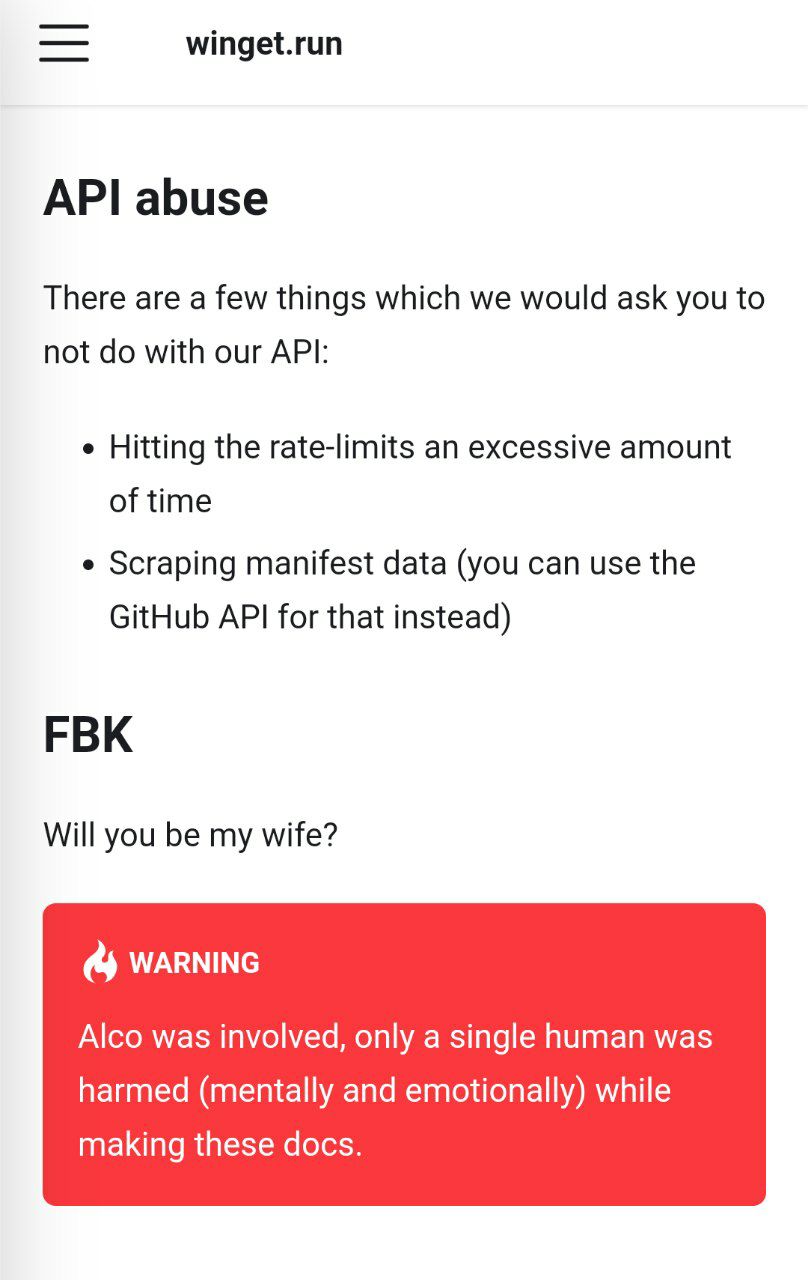 winget.run API abuse There are a few things which we would ask you to not with our API: Hitting the rate-limits an excessive amount of time Scraping manifest data (you can use the GitHub API for that 