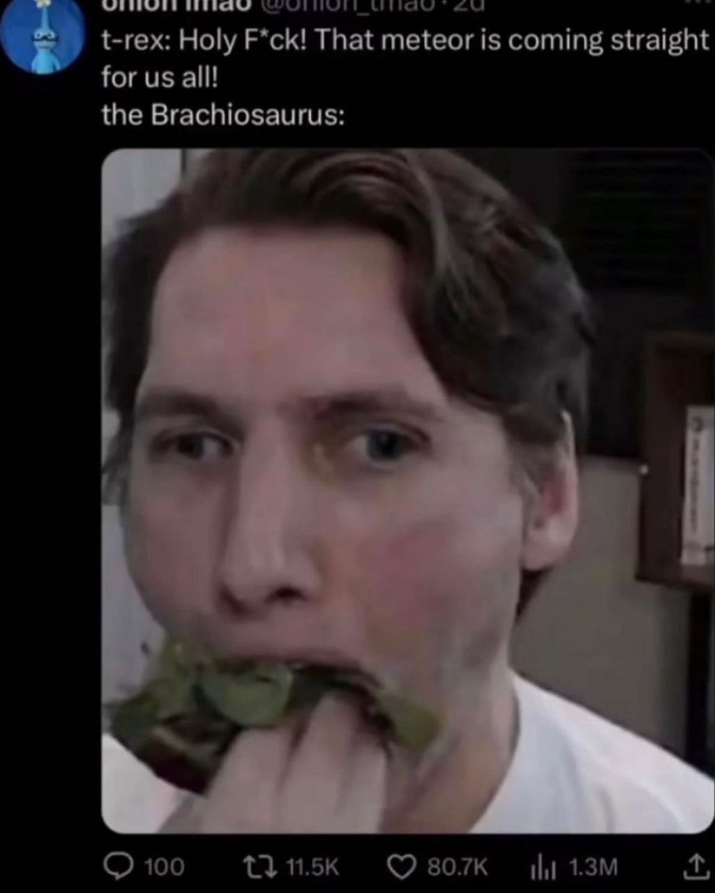 t-rex: Holy F*ck! That meteor is coming straight for all! the Brachiosaurus: 100