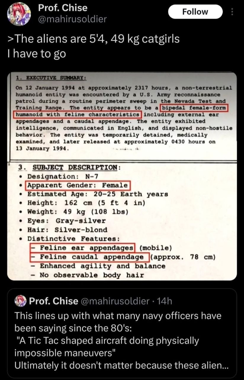 @mahirusoldier >The aliens are 5'4, 49 catgirls have to 1. SUMMARY On 12 January 1994 at approximately 2317 hours, a non-terrestrial humanoid entity was encountered a Army reconnaissance patrol during