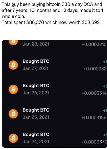 This guy been buying $30 a day DCA and after 7 years, 10 months and 12 days, made it to 1 whole coin. Total spent $86,370 which now worth $68,692. Jan 25, 2021 в Bought BTC Jan 2/7, 2021 +0,00033: в B