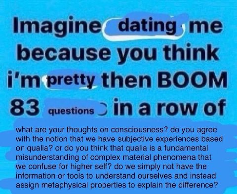 Imagine dating because you think pretty then BOOM 83 IN а rOW what are your thoughts on consciousness? you agree with the notion that we have subjective experiences based on qualia? or you think that 