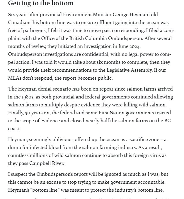 Getting to the bottom Six years after provincial Environment Minister George Heyman told Canadians his bottom line was to ensure effluent going into the ocean was free of pathogens, I felt it was time