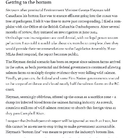 Getting to the bottom Six years after provincial Environment Minister George Heyman told Canadians his bottom line was to ensure effluent going into the ocean was free of pathogens, I felt it was time