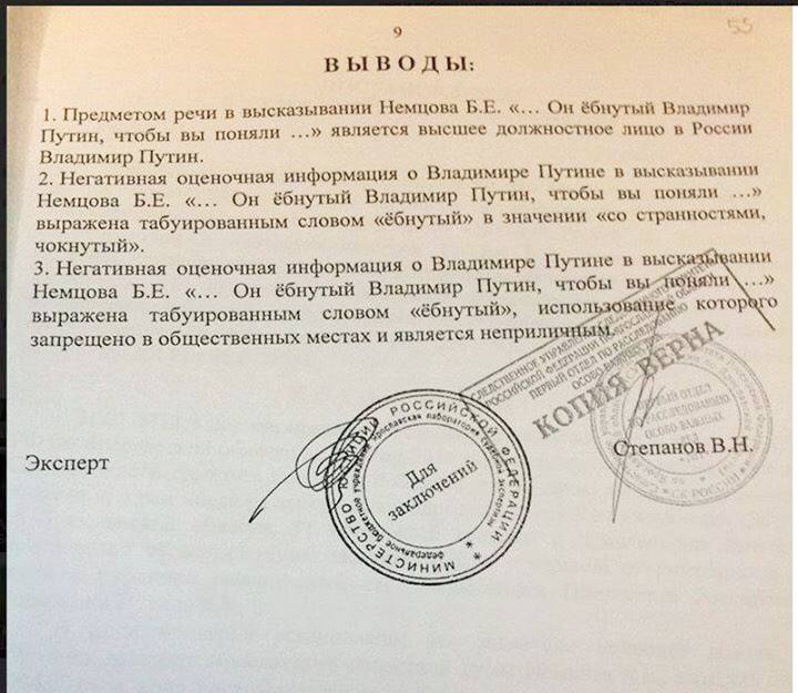 9 выводы: 1. Предметом речи в высказывании Немцова Он Владимир Путин, чтобы вы поняли является высшее должностное лицо в России Владимир Путин. 2. Негативная оценочная информация о Владимире Путине в 